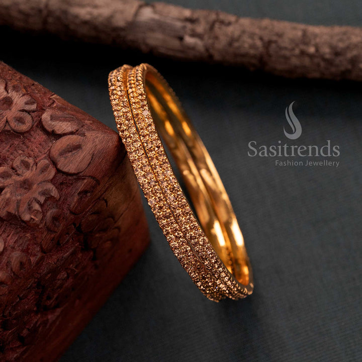 Traditional Wear Guaranteed Micro Gold Plated Two Line Honey American Diamond Stone Studded Bangles