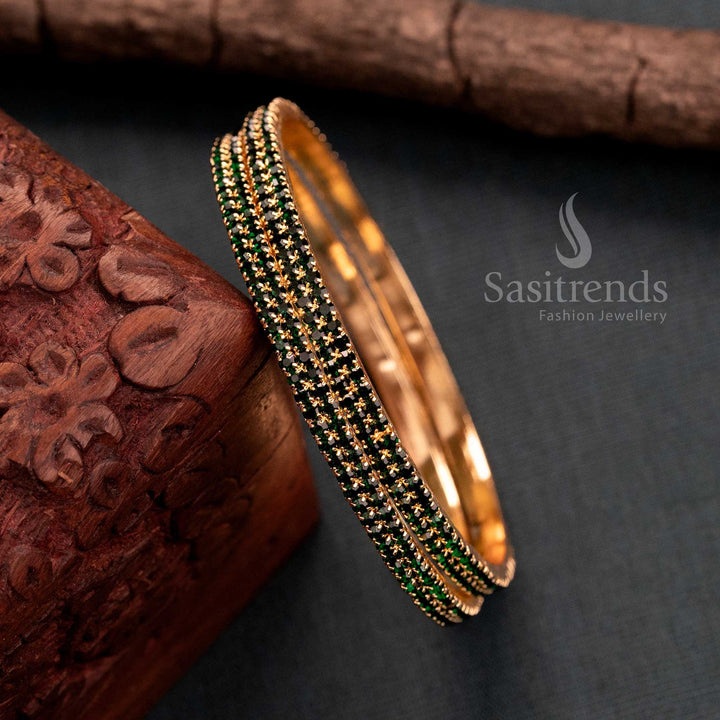Festival Wear Guaranteed Micro Gold Plated Two Line Green American Diamond Stone Studded Bangles