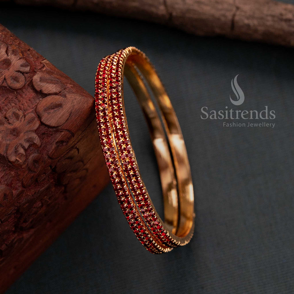 Guaranteed Micro Gold Plated Two Line Maroon American Diamond Stone Studded Bangles Online Shopping