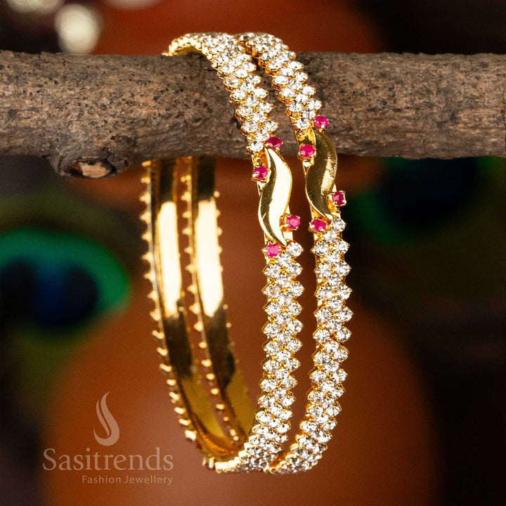 Gorgeous Micro Gold Plated Centre Leaf Pattern Bangles with Para Stones - Temple Wear Collection