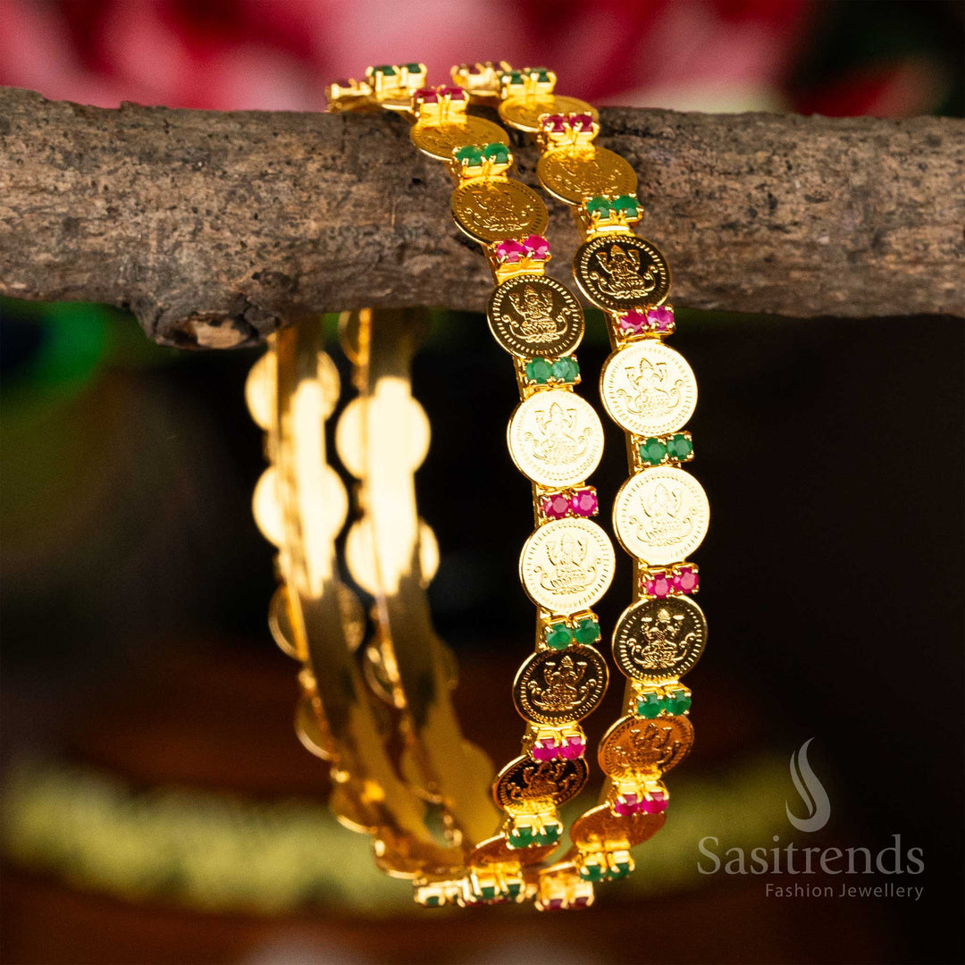 Guaranteed Micro Gold Plated Lakshmi Coin Rudy Green AD Stone Studded Bangles - Sasitrends Online Shopping 