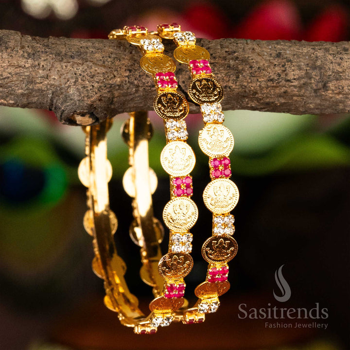 Traditional Micro Gold Plated Lakshmi Coin White Ruby AD Stone Studded Bangles Online Shopping