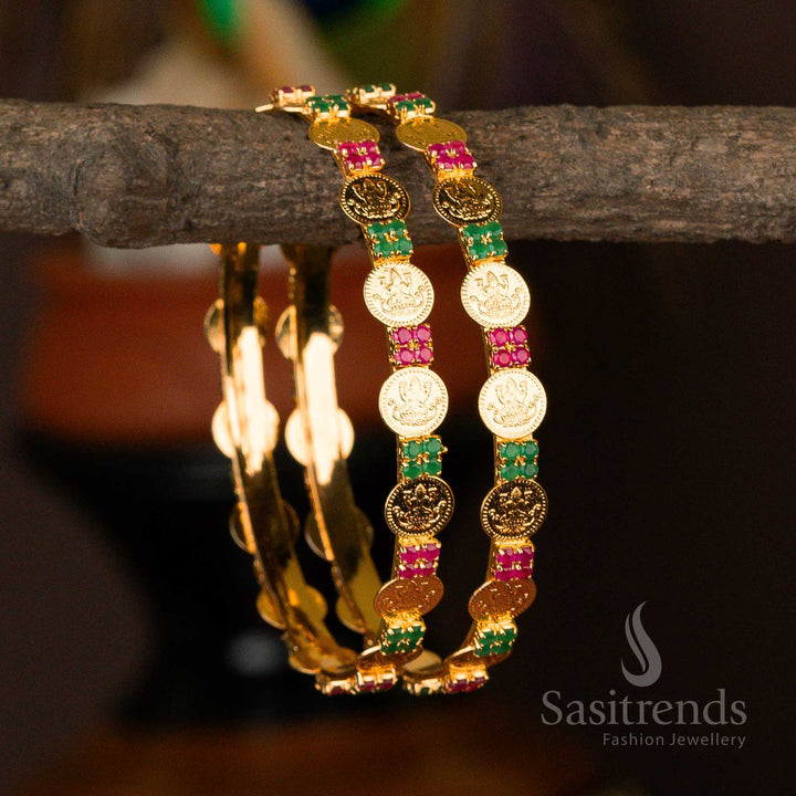 Guaranteed One Gram Micro Gold Plated Lakshmi Coin Ruby Green Ad Stone Studded Bangles Online Shopping