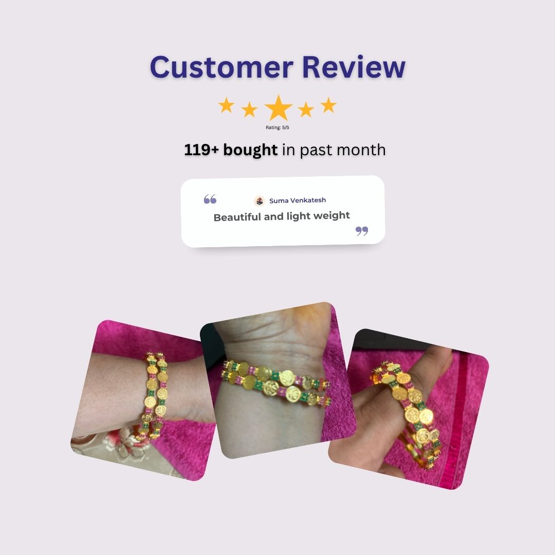 Guaranteed Micro gold plated AD stone lakshmi coin bangles review image - Sasitrends