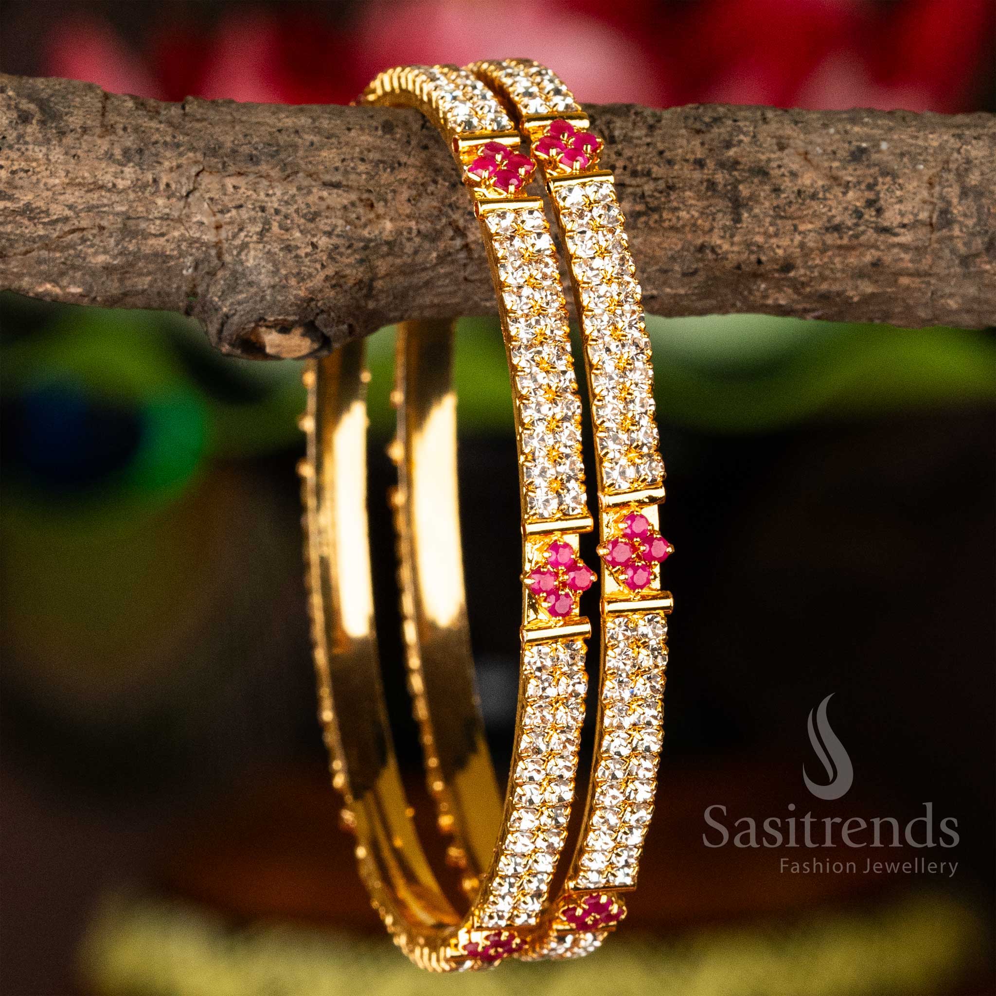 Guaranteed Micro Gold Plated Center Diamond Shaped White Ruby AD Stone Studded Bangles Online Shopping - Sasitrends