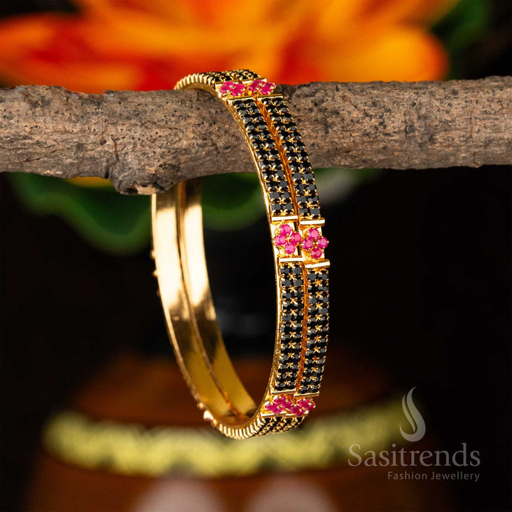 One Year Guaranteed Traditional Micro Gold Plated Center Diamond Shaped Black Ruby AD Stone Studded Bangles Online Shopping