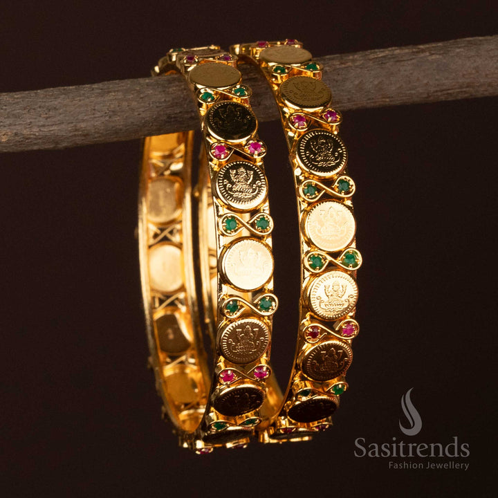 Stunning Micro Gold Plated Traditional Coin Bangles with Goddess Embossing and Studded Circular Detailing – Guaranteed, Look Like Real Gold - Sasitrends