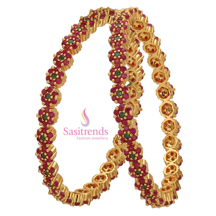 Royal micro gold-plated ruby green bangles, embedded with American diamond stones, a premium ethnic jewellery piece - Sasitrends