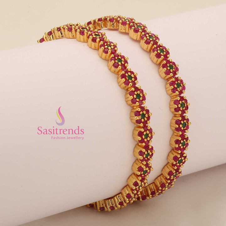 Bridal ruby green American diamond bangles, micro gold-polished for an exclusive traditional jewellery look - Sasitrends