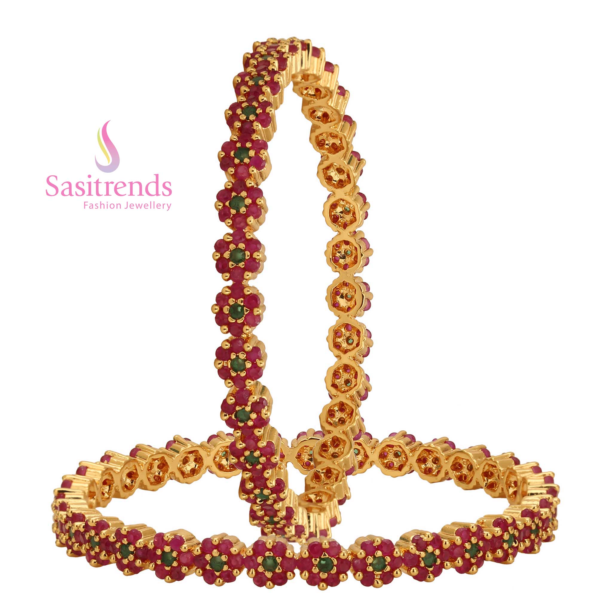 Handcrafted ruby green bangles with a micro gold finish and sparkling American diamond stones - Sasitrends
