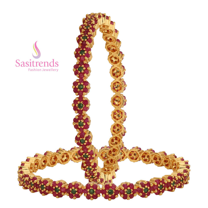 Handcrafted ruby green bangles with a micro gold finish and sparkling American diamond stones - Sasitrends