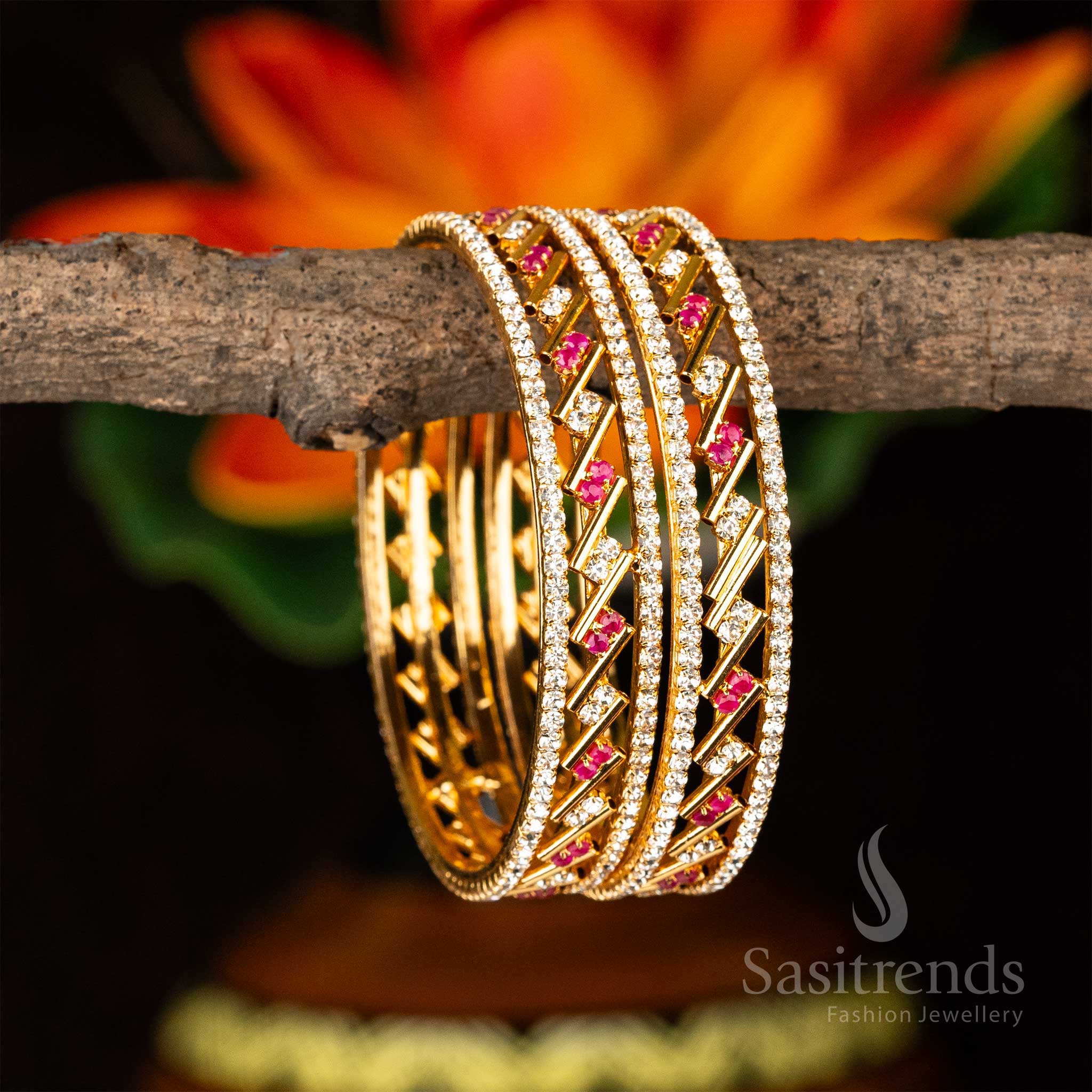 Elegant Temple Wear One Gram Micro Gold Plated Guaranteed Two Line White Ruby AD Stone Studded Bangles Sasitrends Online Shopping