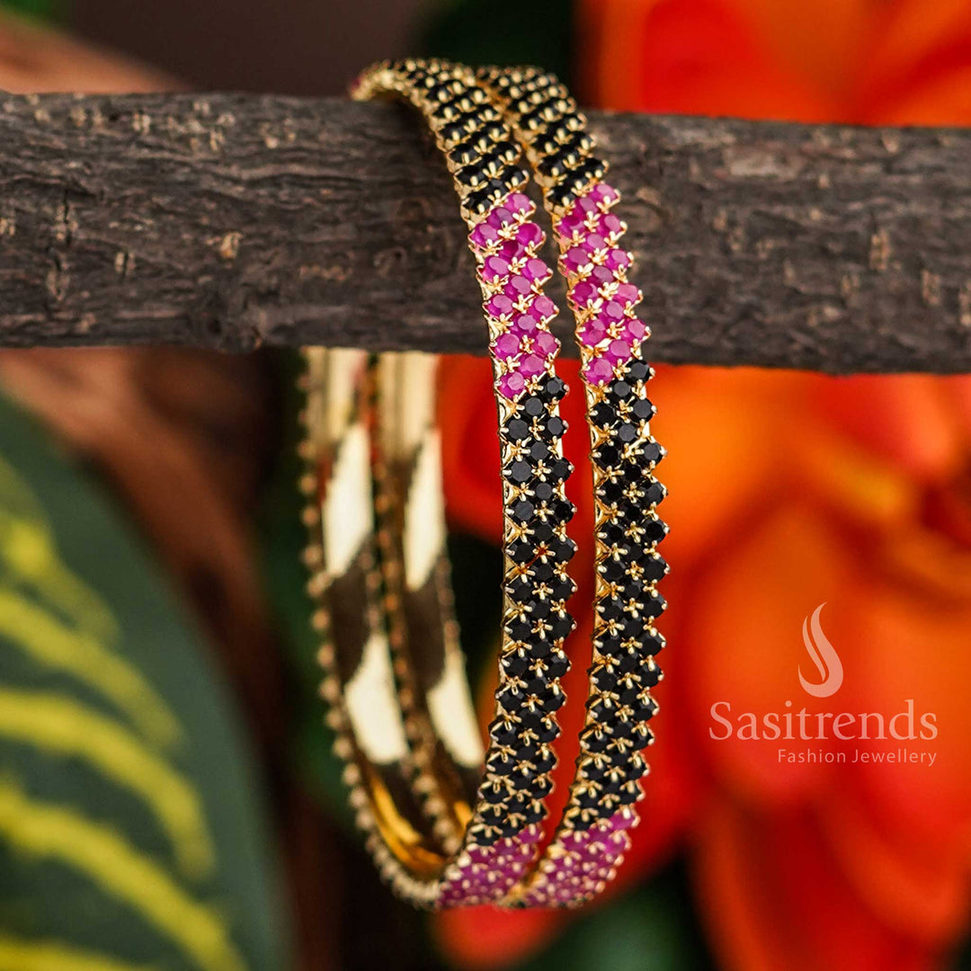 Latest One gram micro gold plated bangle pair with American Diamond stones, crossed lines design, for online shopping - Sasitrends