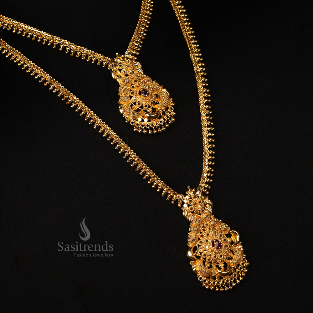 Divine Traditional Temple-Inspired Micro Gold Plated Combo Ruby Necklace with American Diamond – Luxurious Cultural Occasion Bridal Jewellery for Opulent Ethnic Charm - Sasitrends