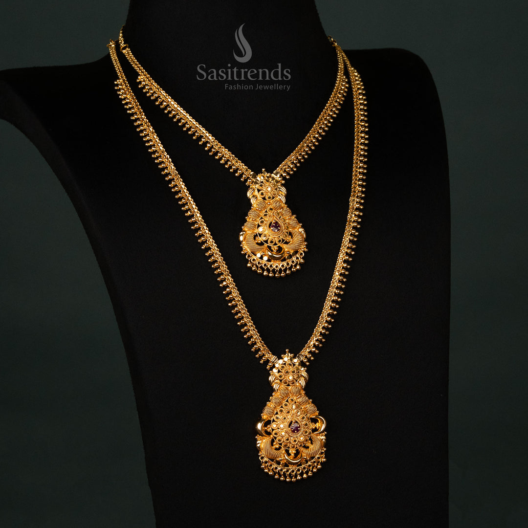Traditional Temple-Inspired Micro Gold Plated Combo Ruby Necklace with American Diamond – Grand Bridal Festive Ceremonial Jewellery for Majestic Ethnic Elegance - Sasitrends


