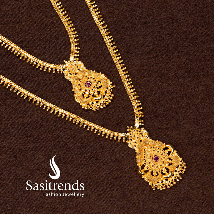 Exquisite temple motif micro gold plated necklace set featuring intricate craftsmanship and sparkling American diamonds for a royal touch - Sasitrends