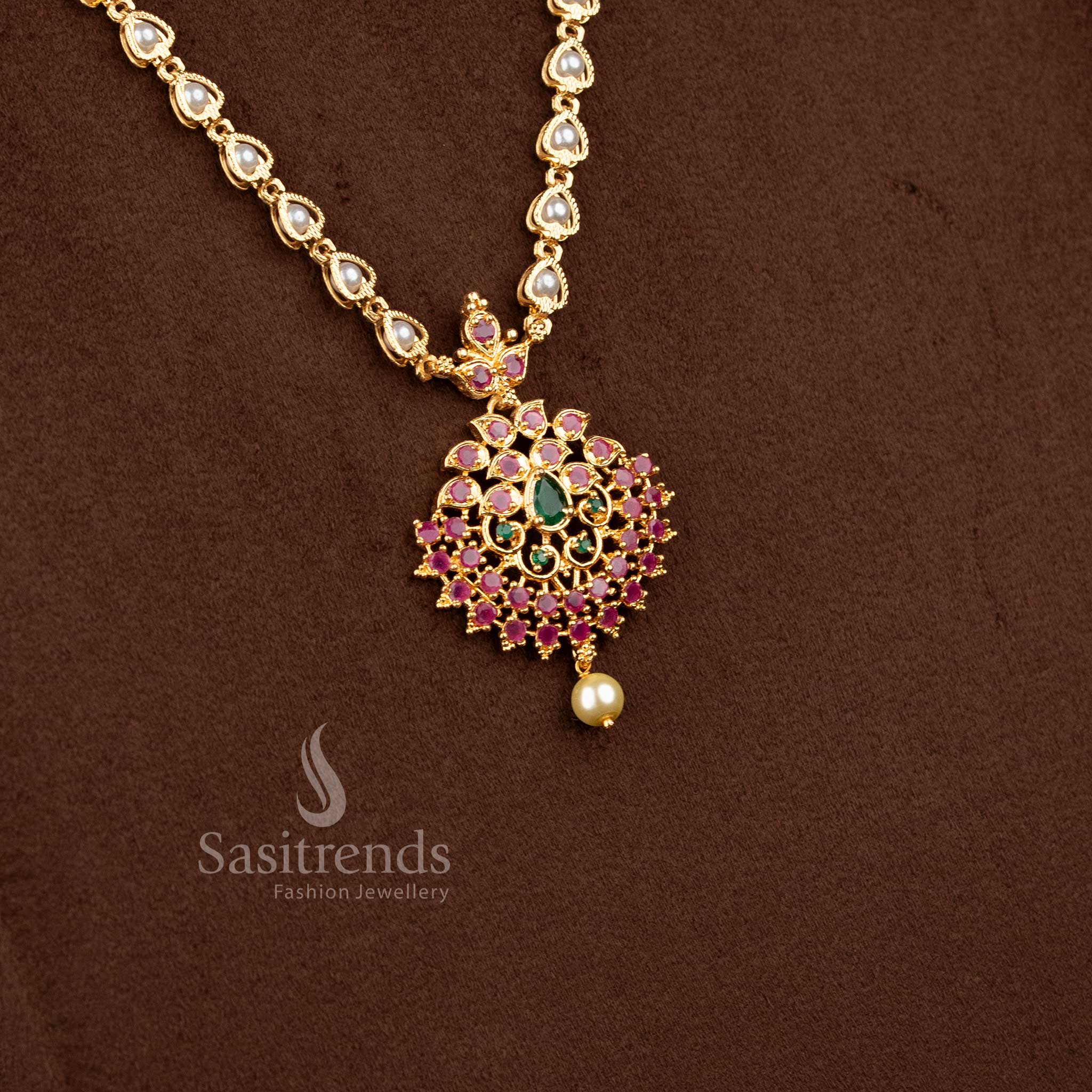Radiant Ruby Green Floral Pearl Necklace Adorned with American Diamond Stones – Micro Gold Plated Classic and Trendy Jewellery Design for Special Occasions by Sasitrends