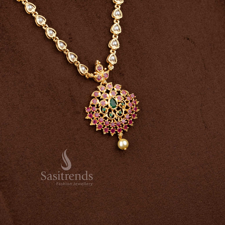 Radiant Ruby Green Floral Pearl Necklace Adorned with American Diamond Stones – Micro Gold Plated Classic and Trendy Jewellery Design for Special Occasions by Sasitrends