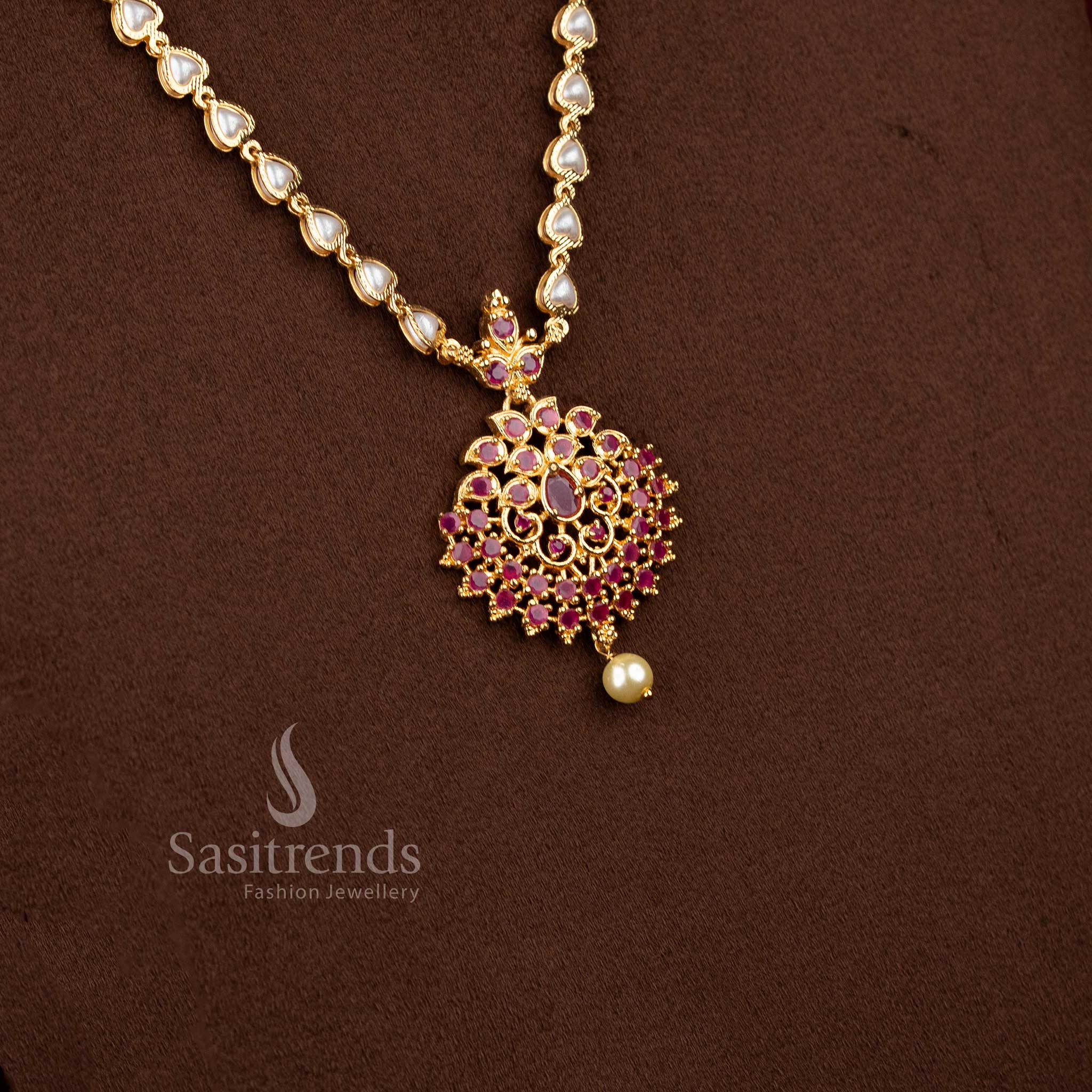 Radiant Ruby Floral Pearl Necklace Adorned with American Diamond Stones – Micro Gold Plated Classic and Trendy Jewellery Design for Special Occasions by Sasitrends