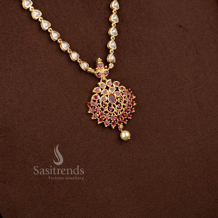 Radiant Ruby Floral Pearl Necklace Adorned with American Diamond Stones – Micro Gold Plated Classic and Trendy Jewellery Design for Special Occasions by Sasitrends