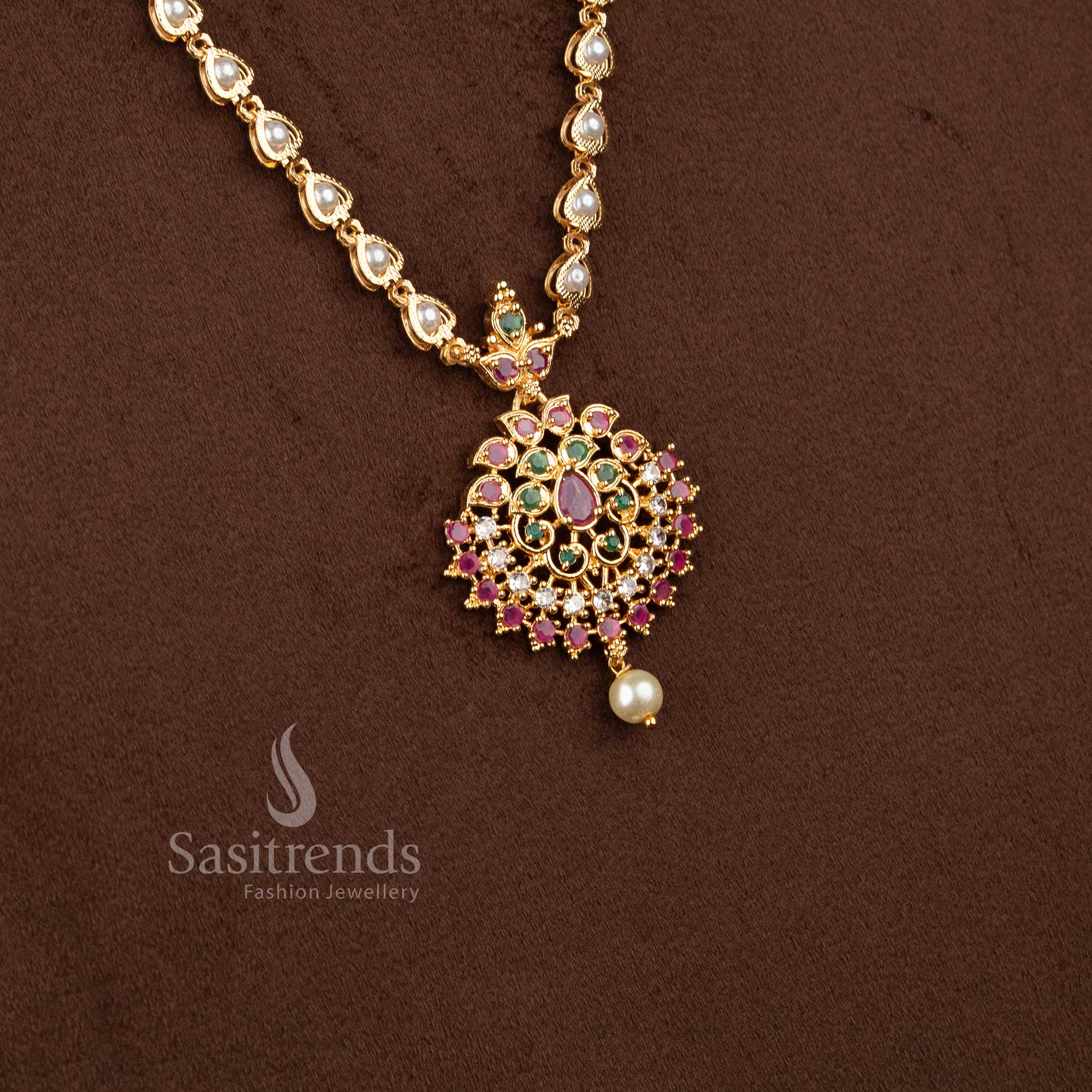 Radiant Multi Floral Pearl Necklace Adorned with American Diamond Stones – Micro Gold Plated Classic and Trendy Jewellery Design for Special Occasions by Sasitrends