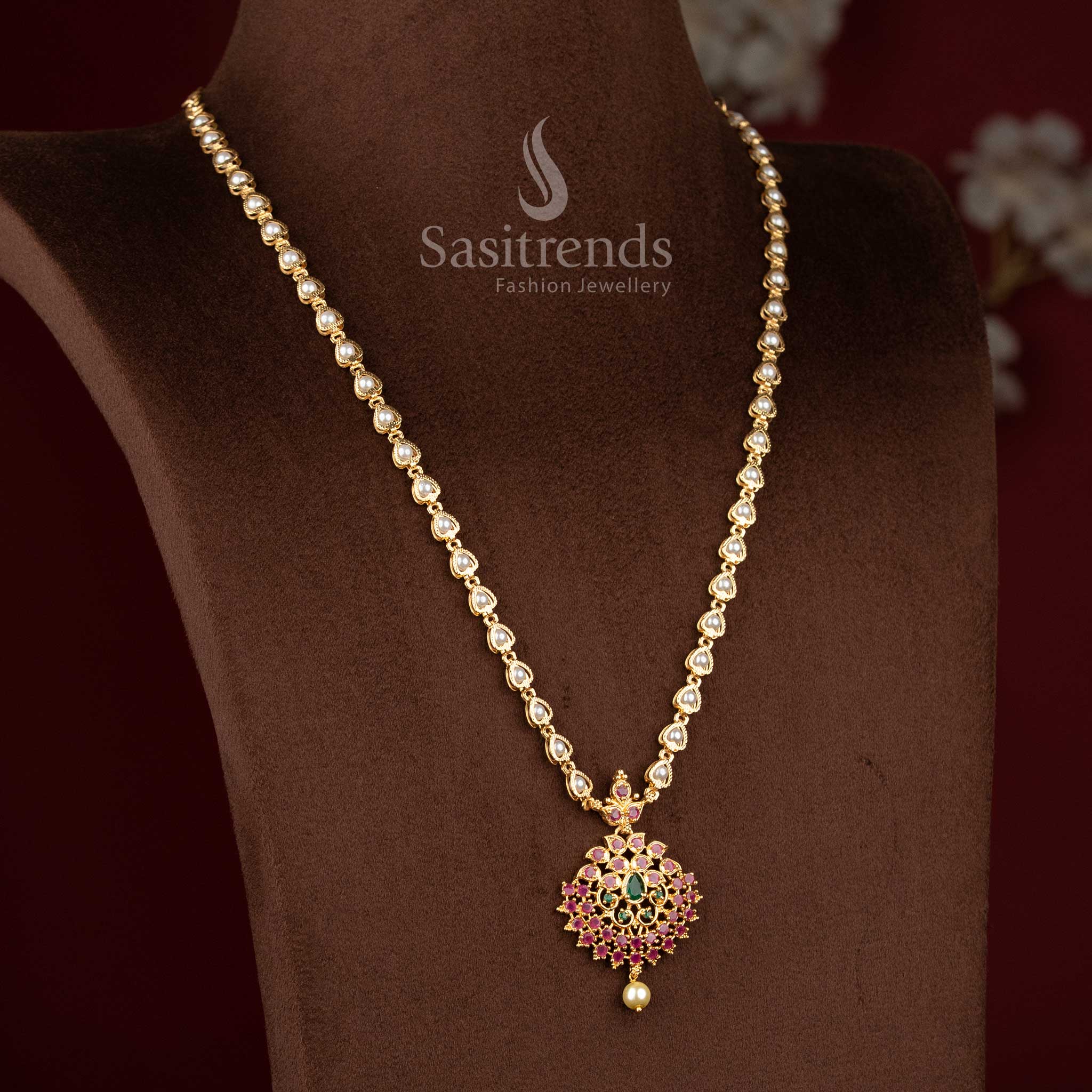 Radiant Ruby Green Floral Pearl Necklace Adorned with American Diamond Stones – Micro Gold Plated Classic and Trendy Jewellery Design for Special Occasions by Sasitrends