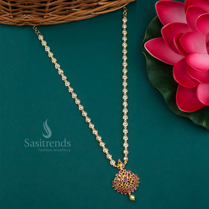 Trendy Micro Gold Plated Floral Pendant Pearl Necklace with American Diamond Stones | Sasitrends