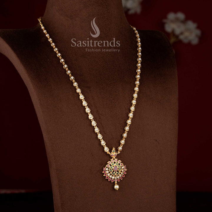 Radiant Multi Floral Pearl Necklace Adorned with American Diamond Stones – Micro Gold Plated Classic and Trendy Jewellery Design for Special Occasions by Sasitrends 