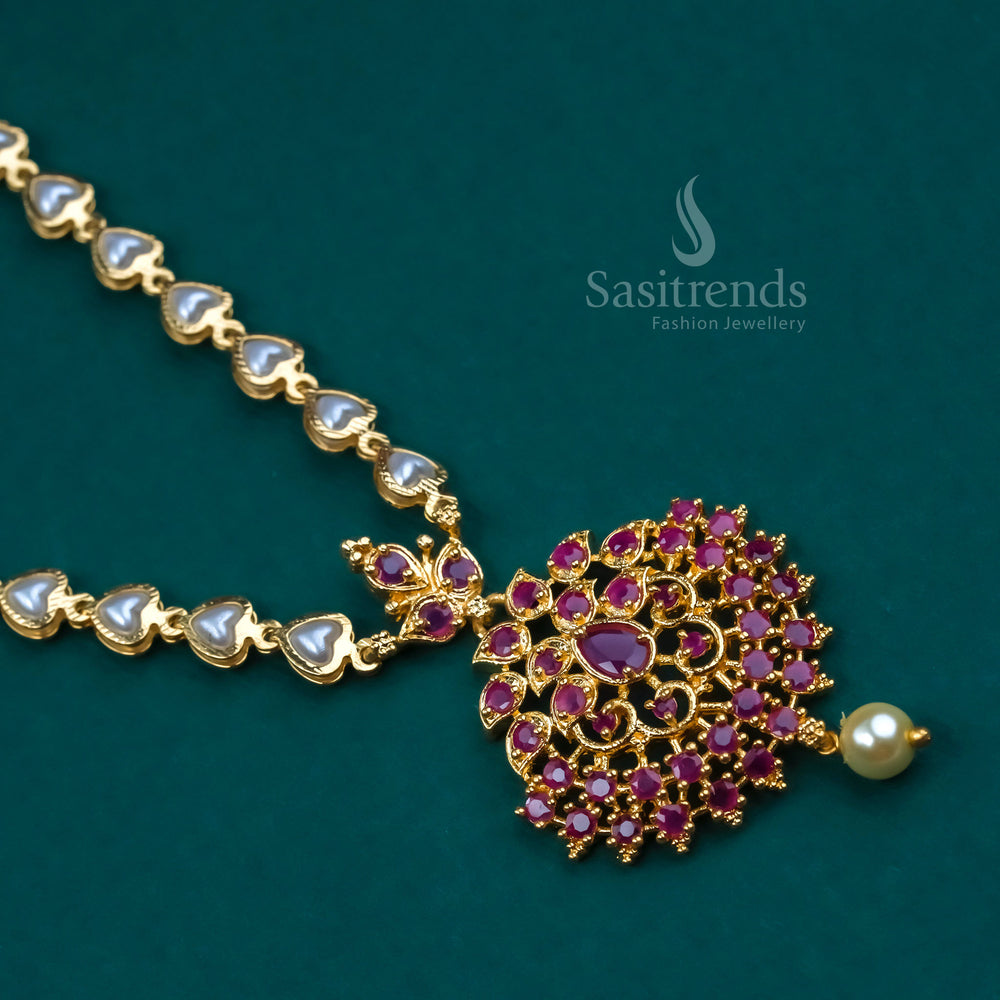 Elegant Ruby Micro Gold Plated Floral Pendant Necklace with Pearls and Sparkling American Diamond Stones – Trendy Jewellery Perfect for Festive and Party Wear by Sasitrends