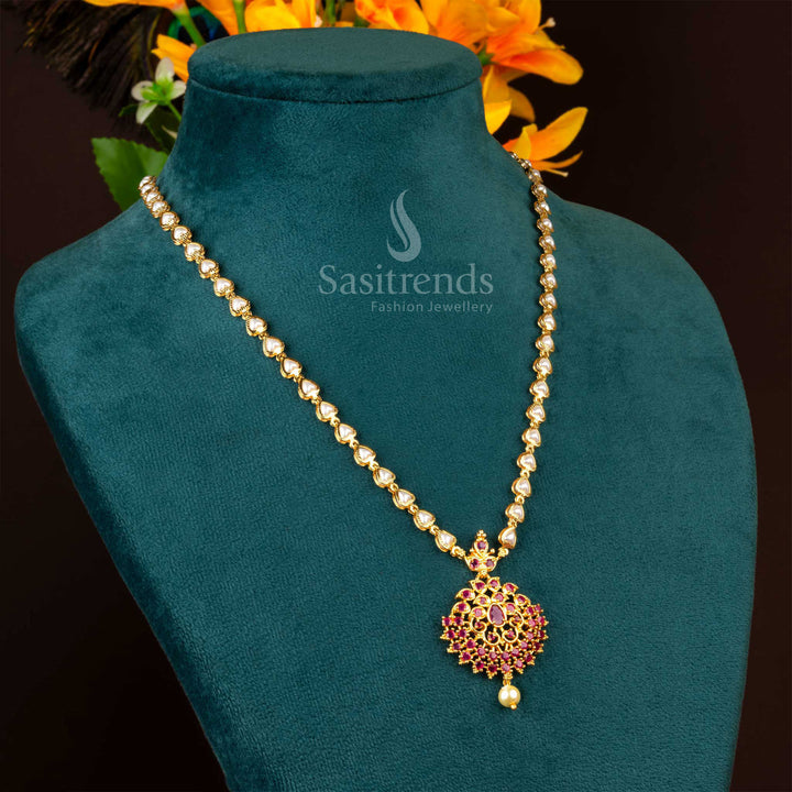  Ruby Micro Gold Plated Floral Pendant Necklace with Pearls and Sparkling American Diamond Stones – Trendy Jewellery Perfect for Festive and Party Wear by Sasitrends