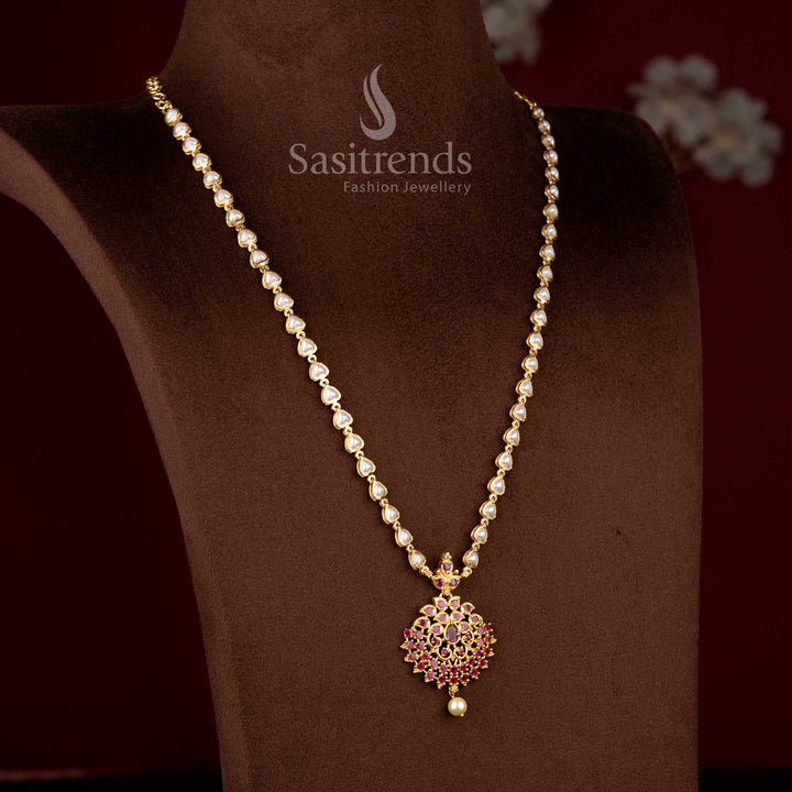 Trendy Micro Gold Plated Floral Pendant Pearl Necklace with American Diamond Stones | Sasitrends
