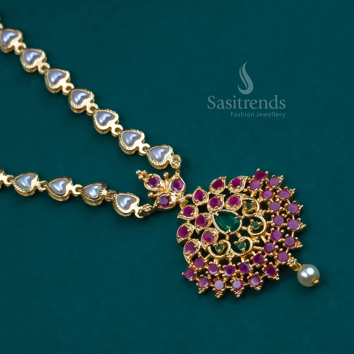 Vibrant Ruby-Green Trendy Necklace Featuring Micro Gold Plated Floral Pendant with American Diamond Stones and Pearls – A Contemporary Jewellery Piece for Ethnic Events by Sasitrends
