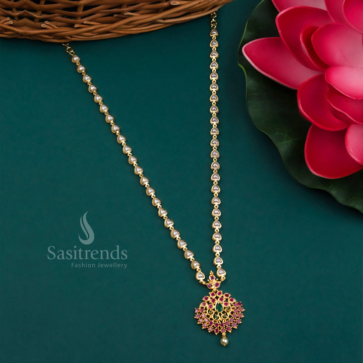 Stylish Ruby-Green Micro Gold Plated Floral Pendant Pearl Necklace with American Diamond Stone Accent – Traditional Yet Trendy Jewellery Perfect for Festive Occasions by Sasitrends