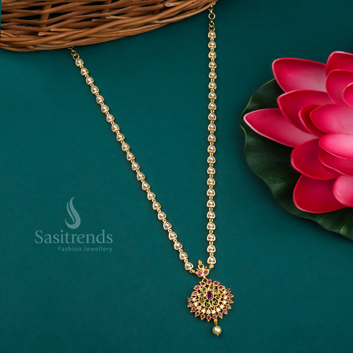 Vivid Multi-Coloured Traditional Floral Pendant Pearl Necklace with American Diamond Stones – Micro Gold Plated Jewellery Piece Ideal for Festive and Wedding Ensembles by Sasitrends