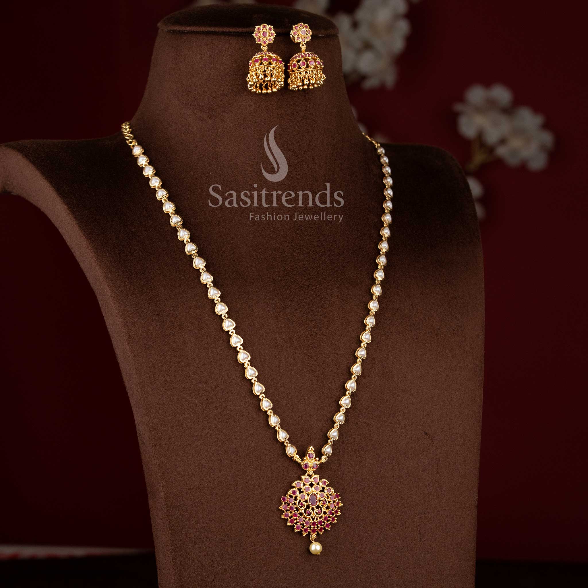 Radiant Ruby Floral Pearl Necklace Set Adorned with American Diamond Stones – Micro Gold Plated Classic and Trendy Jewellery Design for Special Occasions by Sasitrends 