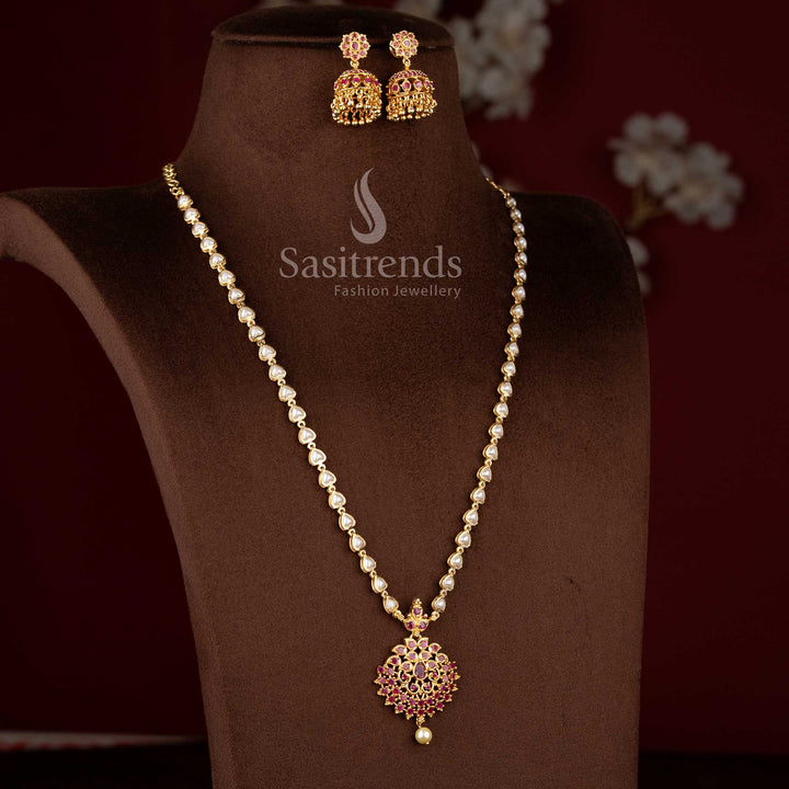 Radiant Ruby Floral Pearl Necklace Set Adorned with American Diamond Stones – Micro Gold Plated Classic and Trendy Jewellery Design for Special Occasions by Sasitrends 