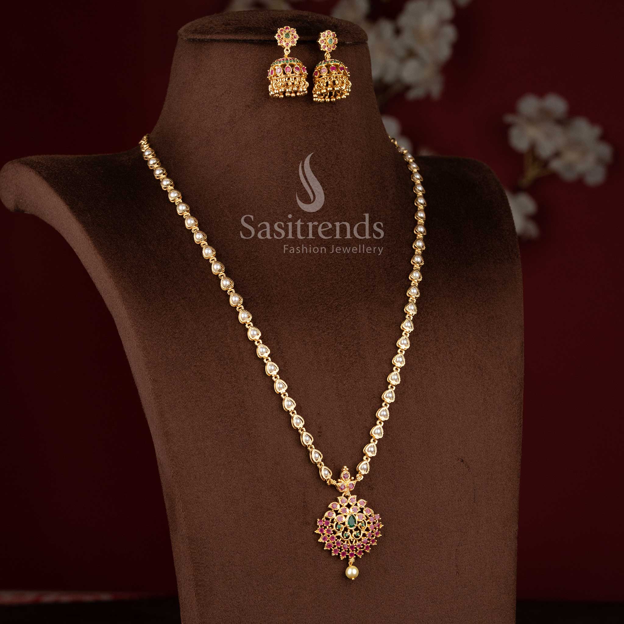 New Micro Gold Plated Pearl Chain Floral Pendant AD Necklace - Buy