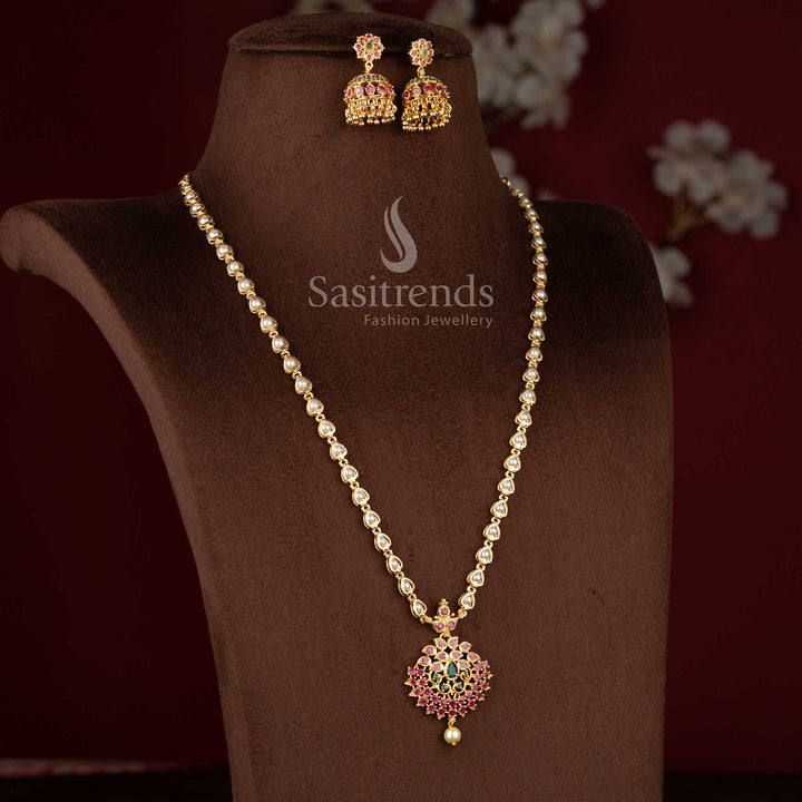 Radiant Ruby Green Floral Pearl Necklace Set Adorned with American Diamond Earrings Stones – Micro Gold Plated Classic and Trendy Jewellery Design for Special Occasions by Sasitrends 