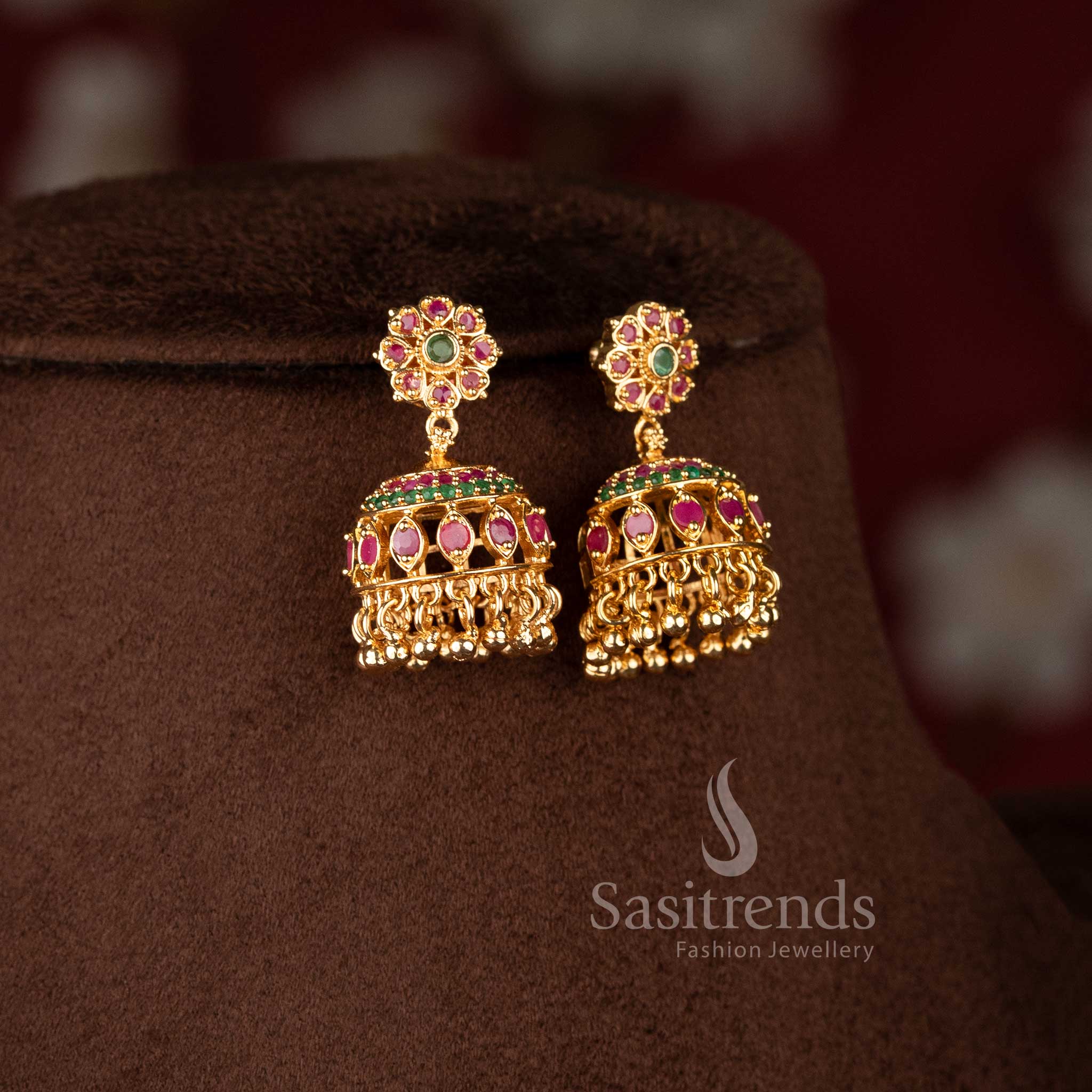 Ruby Green Floral Pearl Necklace Set Adorned with American Diamond Earrings Stones – Micro Gold Plated Classic and Trendy Jewellery Design for Special Occasions by Sasitrends  
