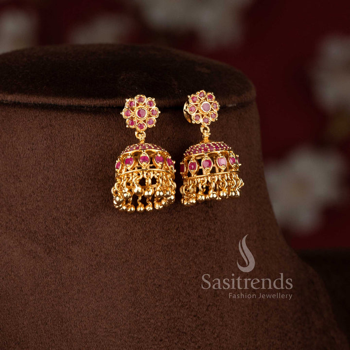 Radiant Ruby Floral Pearl Necklace Set Adorned with American Diamond Earrings Stones – Micro Gold Plated Classic and Trendy Jewellery Design for Special Occasions by Sasitrends 