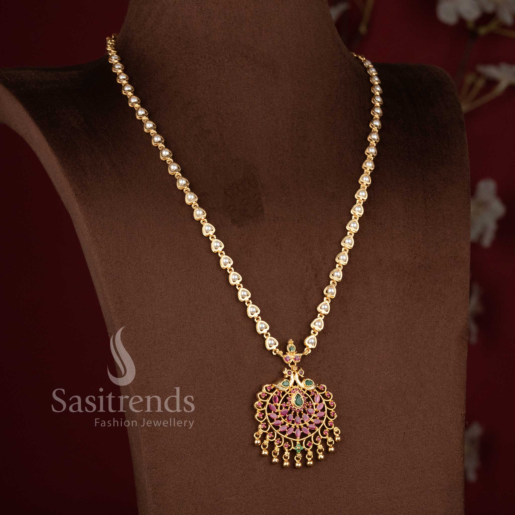 Beautiful Long Peacock Pendant Necklace with Pearl Drops and American Diamond Stones Sasitrends