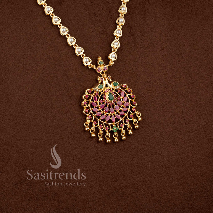 Beautiful Long Peacock Pendant Necklace with Pearl Drops and American Diamond Stones Sasitrends