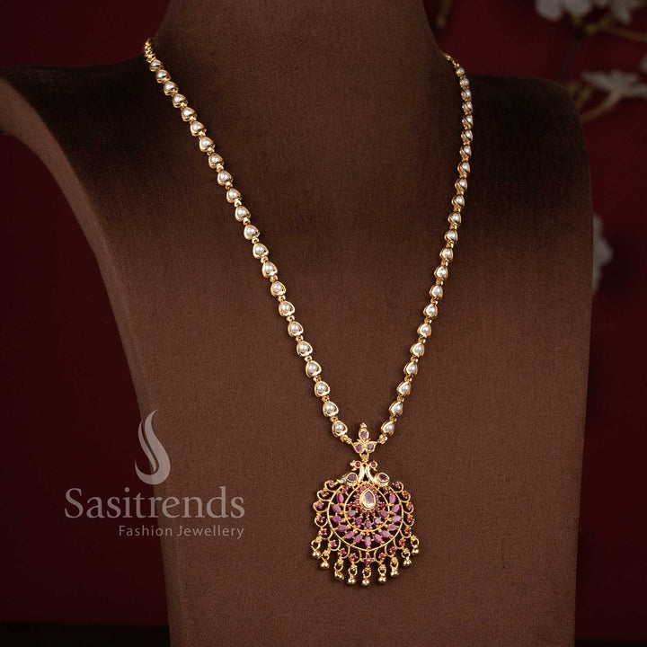Traditional Micro Gold Plated Long Peacock Pendant Pearl Necklace with American Diamond Stones | Sasitrends