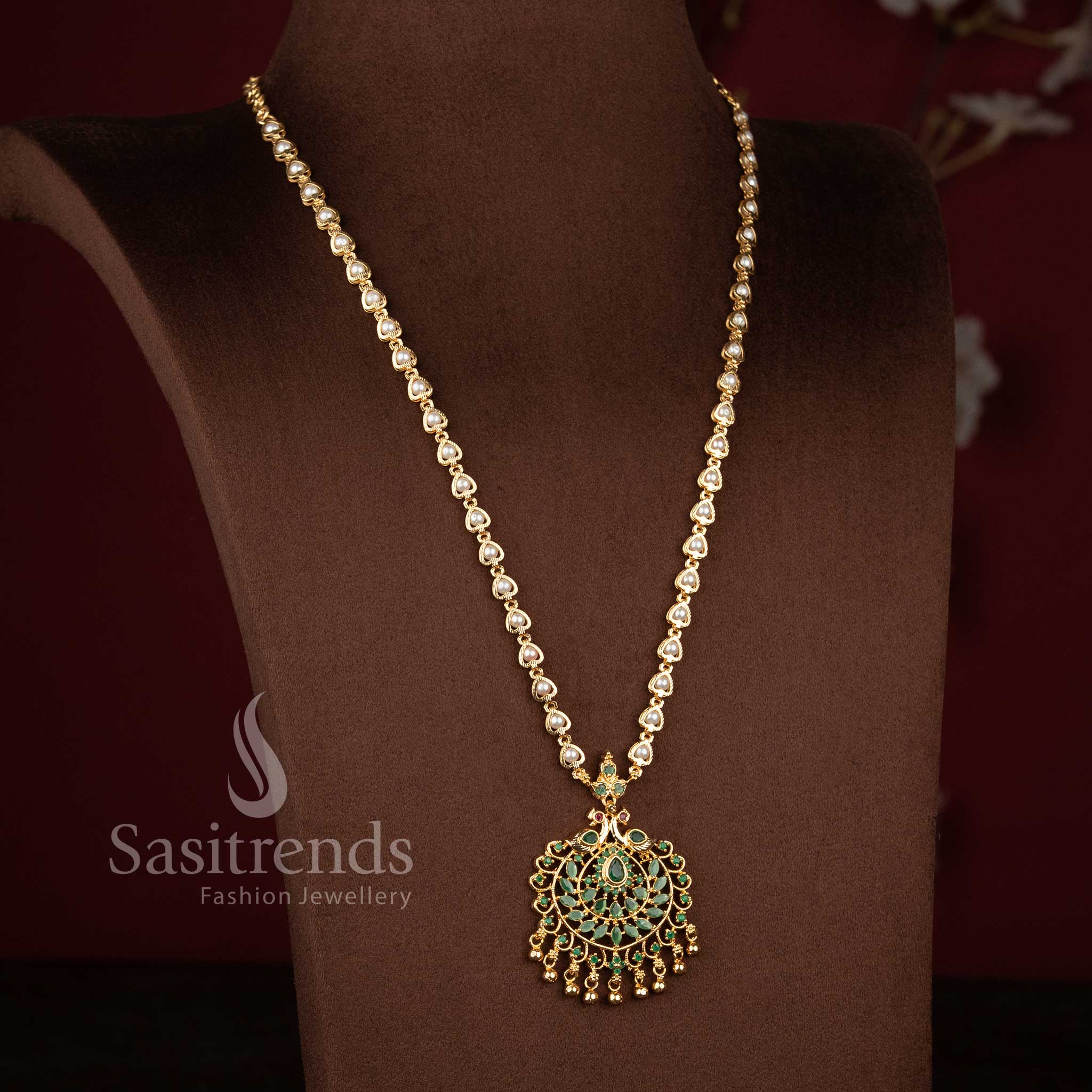 Micro Gold Plated Peacock Pendant Necklace with American Diamond Stones and Pearl Drops Sasitrends