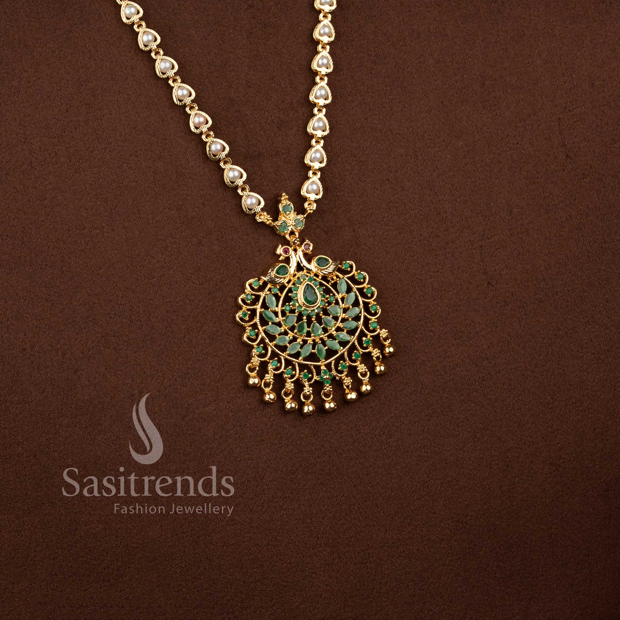 Micro Gold Plated Peacock Pendant Necklace with American Diamond Stones and Pearl Drops Sasitrends