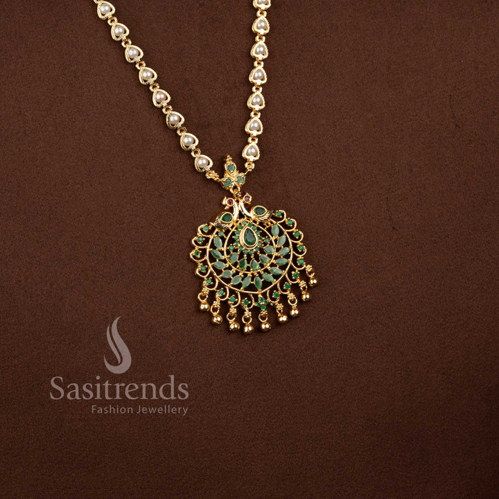 Micro Gold Plated Peacock Pendant Necklace with American Diamond Stones and Pearl Drops Sasitrends