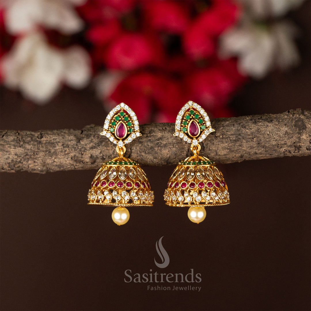 AD Multi Color Matte Gold Jhumka Earrings Temple Wear - Sasitrends