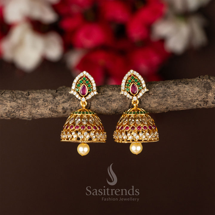 Glamorous Temple Matte Gold Plated AD Multi Color Jhumka Earrings | Sasitrends