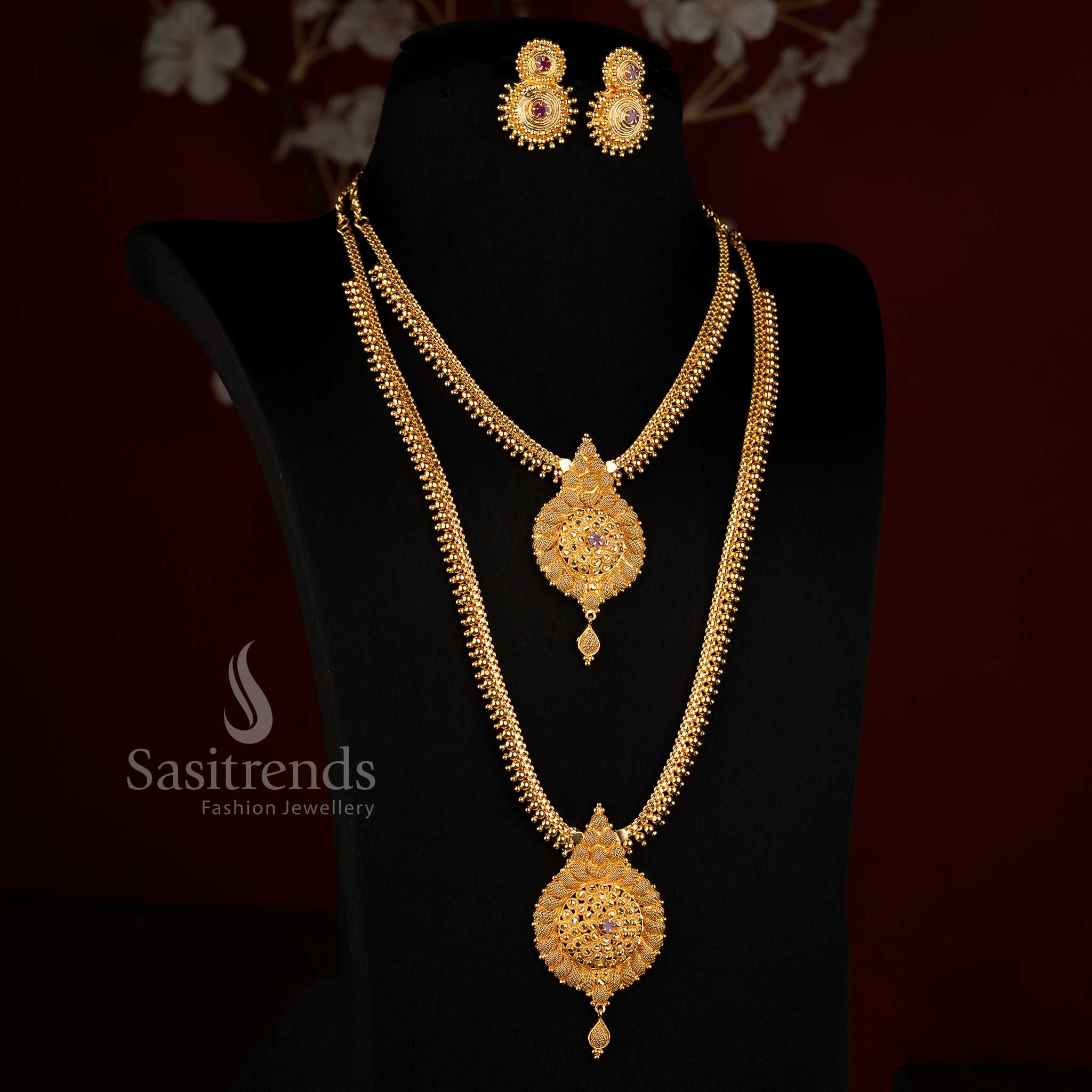 One Gram Gold Plated Necklace Combo Set with Matching Circular Floral Stud Earrings - Sasitrends