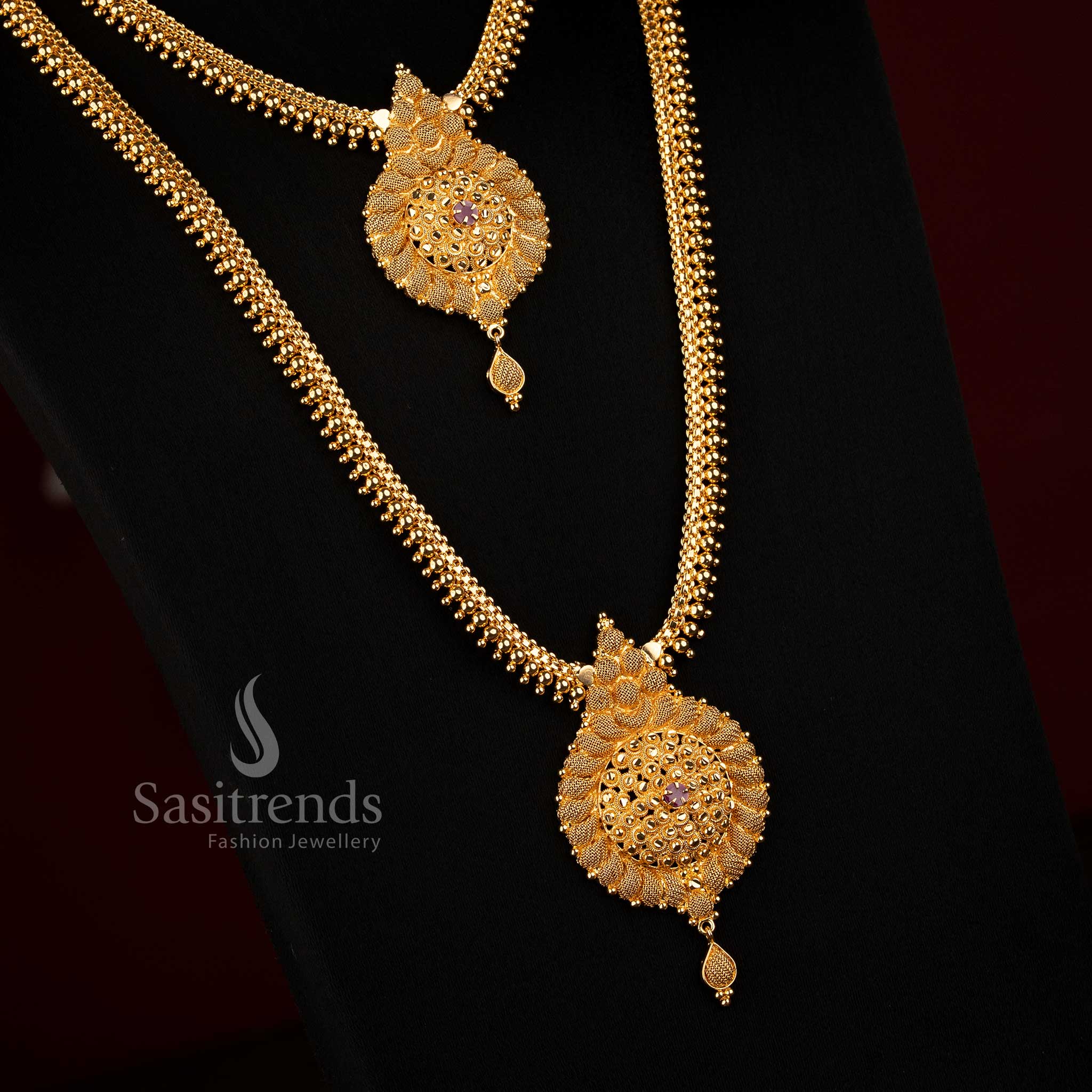 One Gram Gold Plated Necklace Combo Set with Matching Circular Floral Stud Earrings - Sasitrends